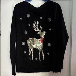 Elegant Black Sweater with Silver Reindeer Design